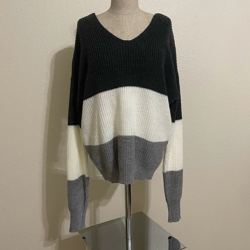 Just Polly, Sweater, Black White and Gray stripped, and Open back Size L